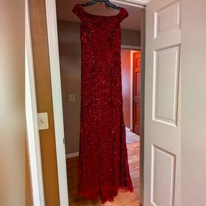 Adrianna Papell off the shoulder sequin beaded gown